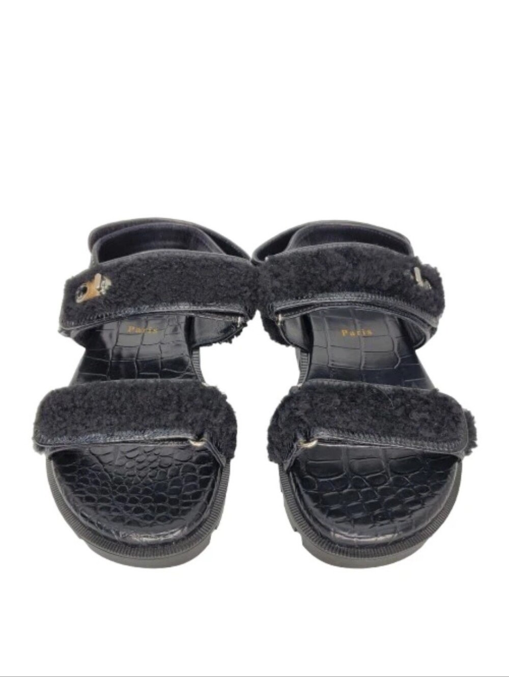 Christian Louboutin The Lock Black Wool Shearling Embossed Sandals - Picture 2 of 5
